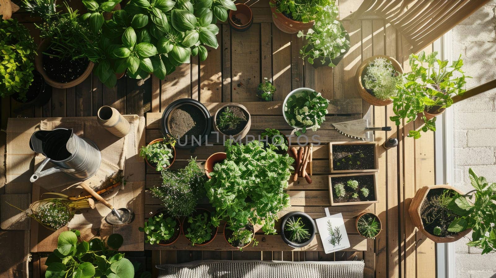 A table adorned with potted plants, gardening tools, and surrounded by lush greenery creates a tranquil and inviting atmosphere AIG50