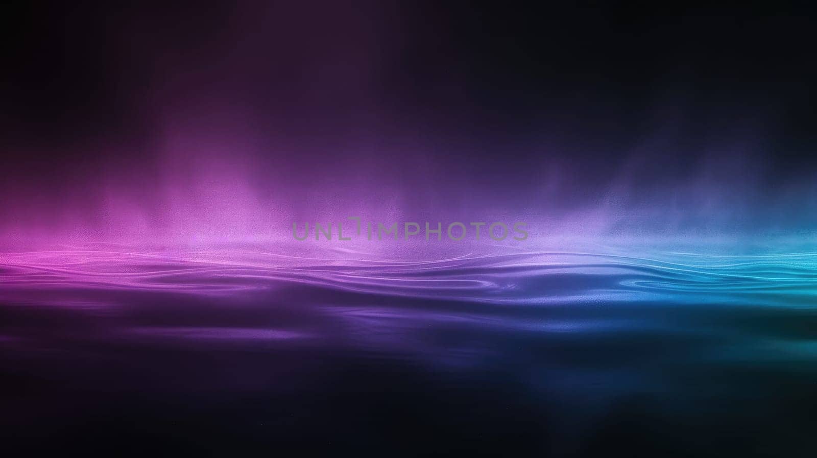 Synthwave retro futurism landscape with glowing purple and blue neon lights reflecting off the surface of a body of water. AIG51A.