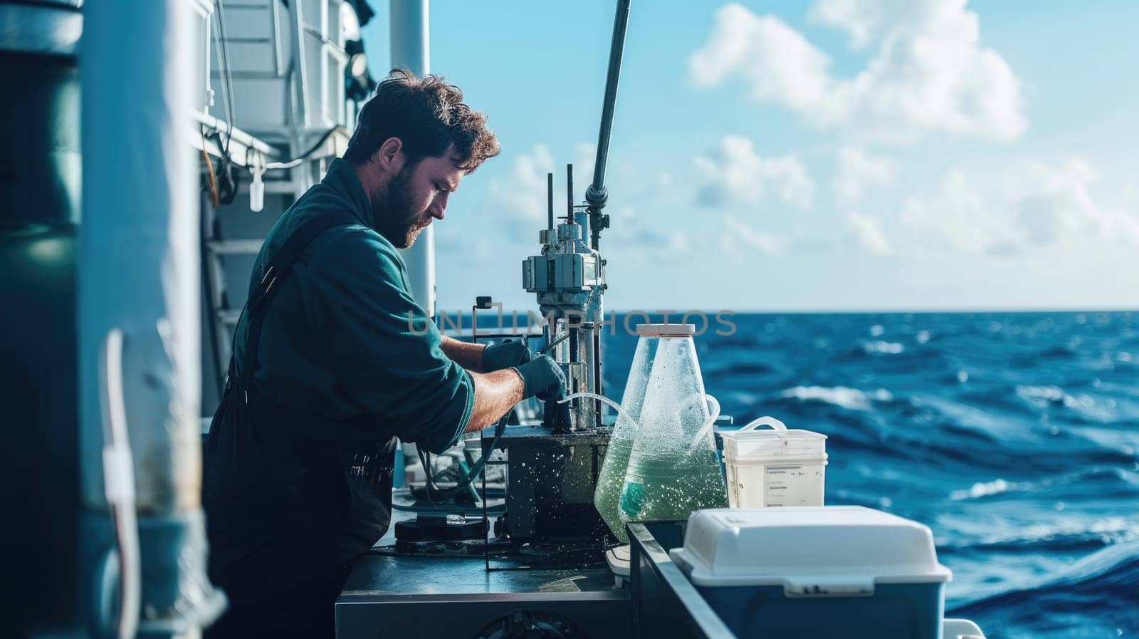 A marine scientist examines water samples on a research vessel, conducting environmental analysis on the open sea. AIG41