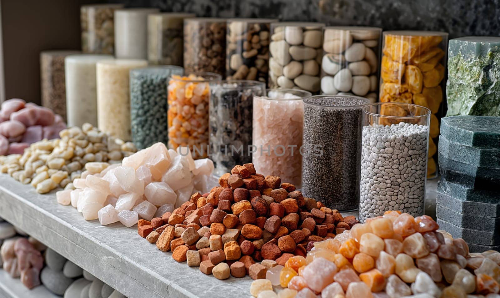 Assorted Minerals on Display at Market Stall. Selective focus.