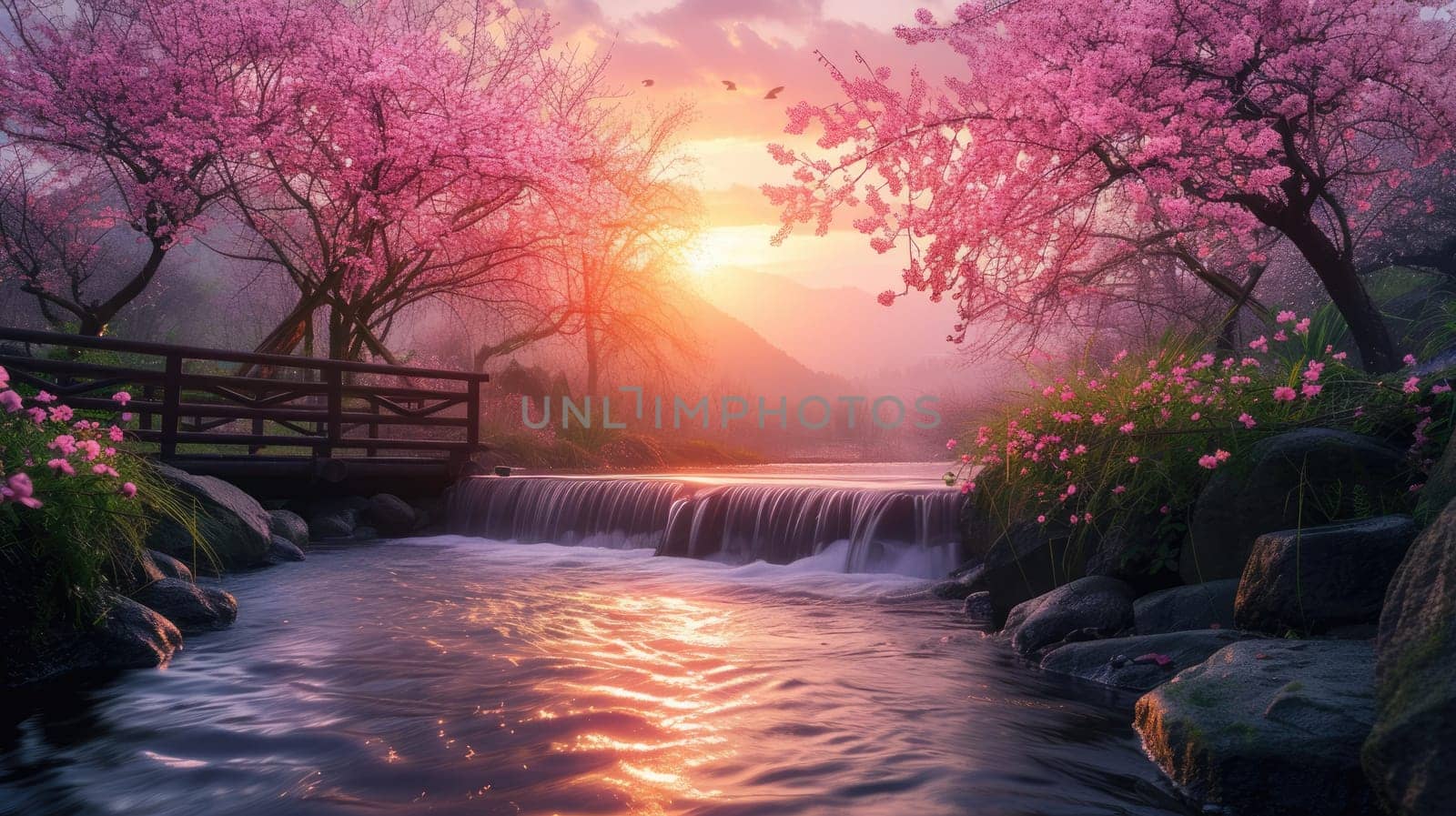 A serene Zen garden at sunrise, with a gently flowing stream, cherry blossoms in full bloom, and a quaint wooden bridge. Resplendent.