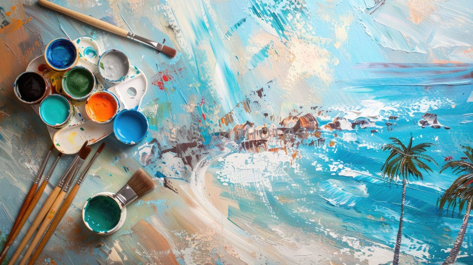 A piece of art depicting a beach scene with azure water, umbrellas, and brushes on a table. The fluid strokes create a leisurely atmosphere AIG50