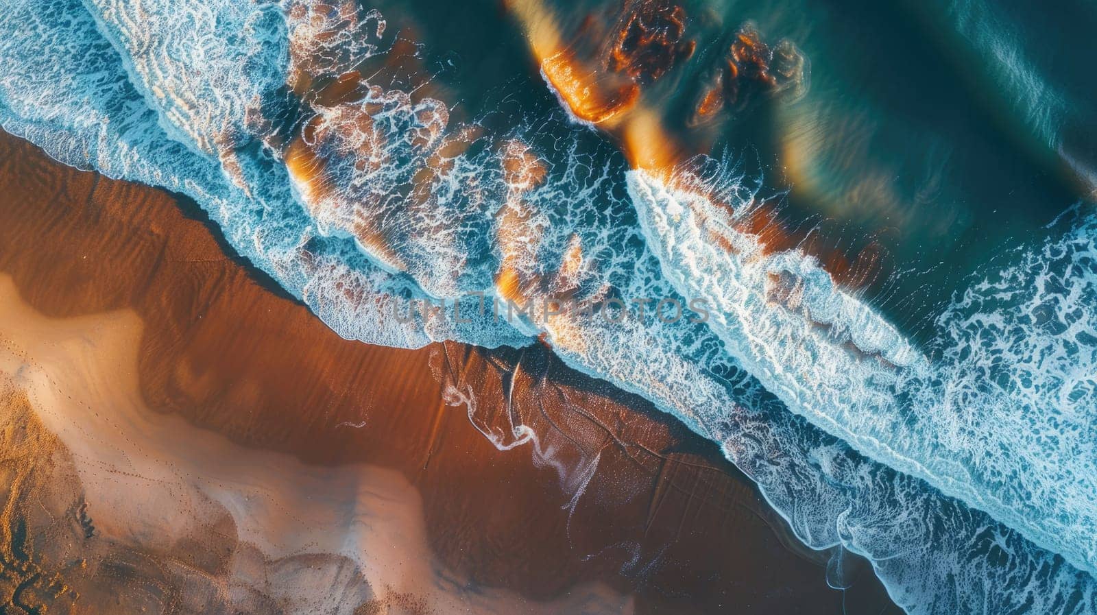 An aerial perspective of water waves crashing onto a sandy beach, showcasing a natural landscape with a stunning geological phenomenon in motion AIG50