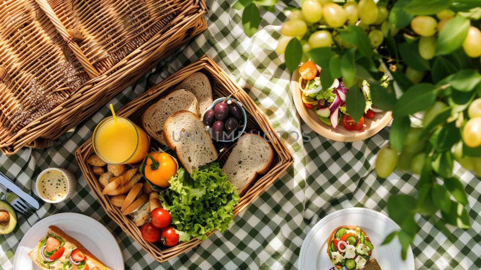 Various types of food are displayed on the table, including a selection of dishes, leaf vegetables, vegetables, and garnishes, showcasing a diverse range of cuisines and ingredients AIG50