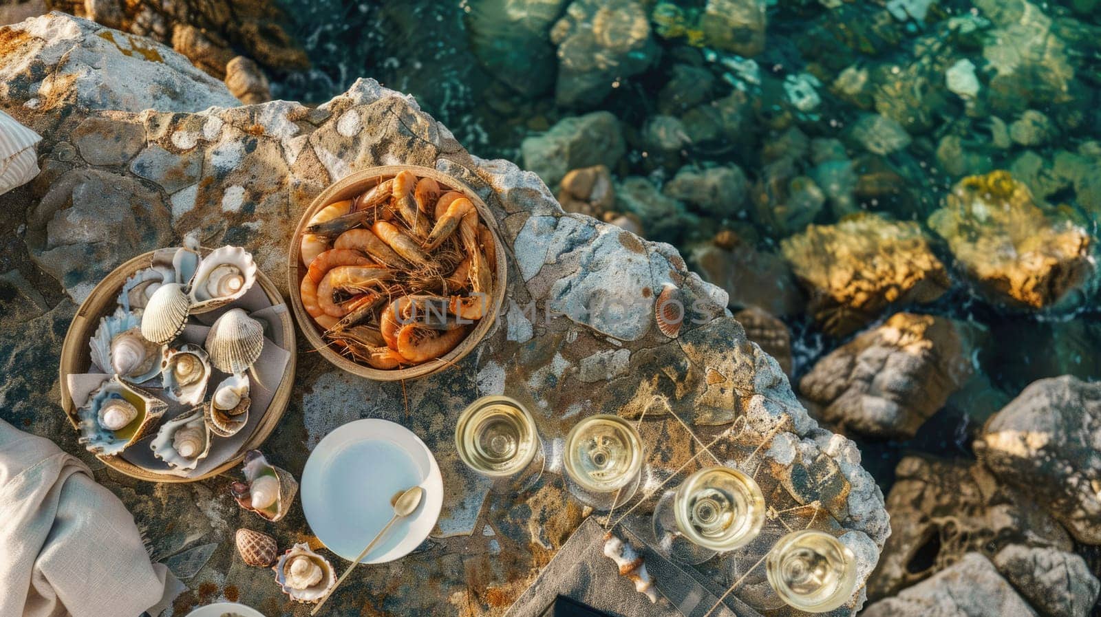 Aerial view of a picnic on a rocky cliff by the ocean, surrounded by water, plants, rocks, and natural materials creating a beautiful pattern resembling an underwater art piece AIG50