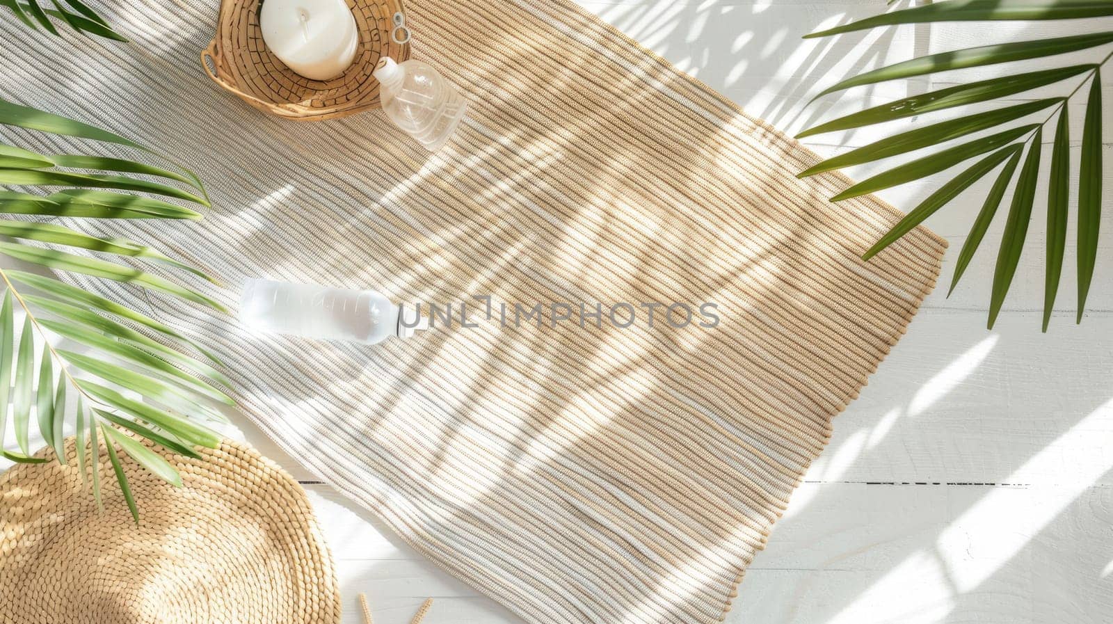 A wooden table adorned with a hat, water bottle, starfish, palm leaves, and shells, creating a natural and botanical design inspired by plant life and nature AIG50