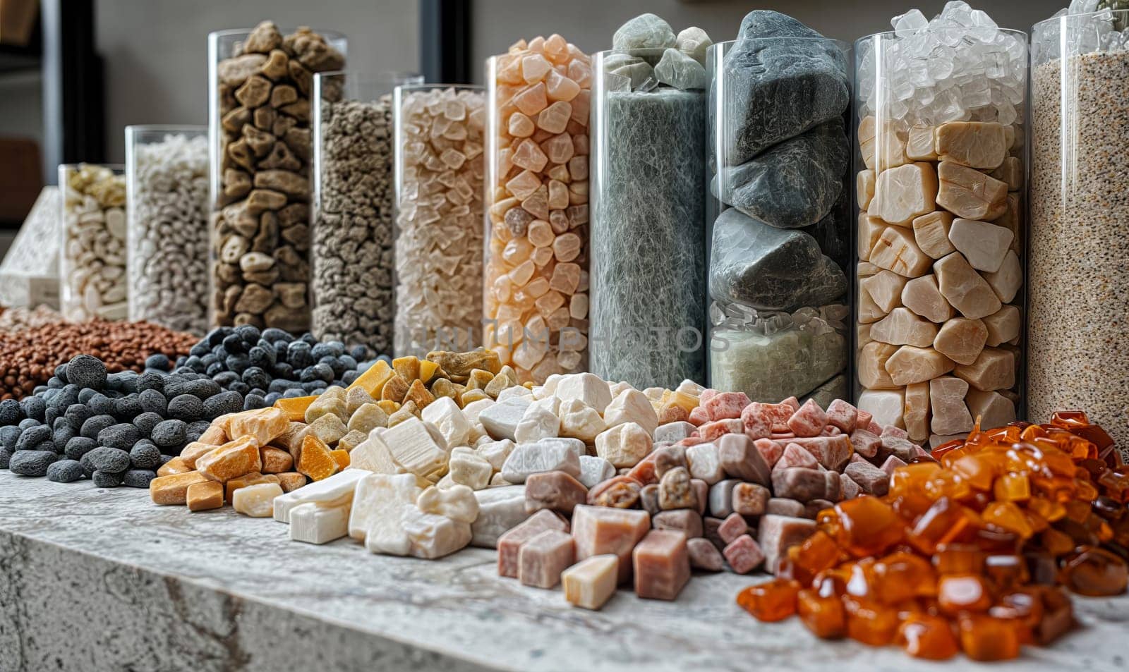 Assorted Minerals on Display at Market Stall. Selective focus.