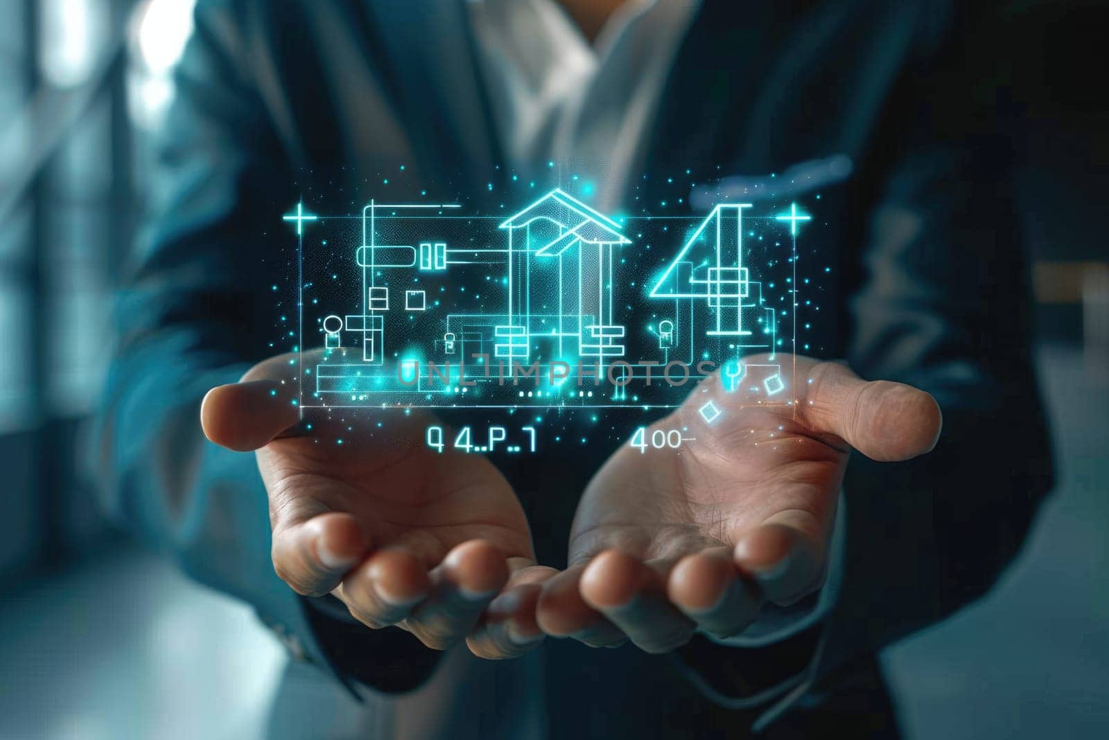 A businessman in a suit holding a glowing blue 3D model of a house in his hands. AIG51A.