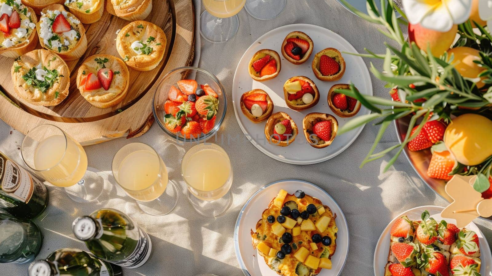 A wooden table beautifully set with a variety of dishes and drinks. The tableware showcases a diverse range of cuisine with fresh ingredients and garnishes AIG50