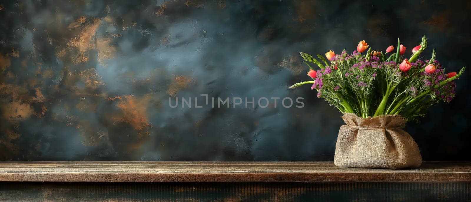 Fresh flowers in burlap on a vintage background. Selective focus.