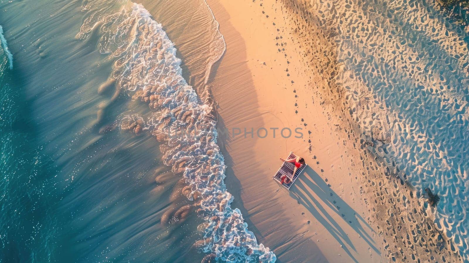 An aerial view of a group of people having a picnic on the beach, surrounded by vehicles, pollinators, insects, patterns in the landscape, woods, soil, terrestrial animals, wildlife, and beehives AIG50