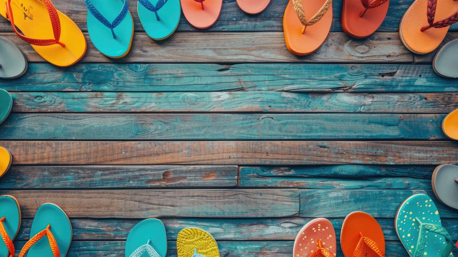 A colorful array of flip flops displayed on a rustic wooden table. The electric blue and magenta hues create an eyecatching pattern, perfect for a summer event snapshot AIG50