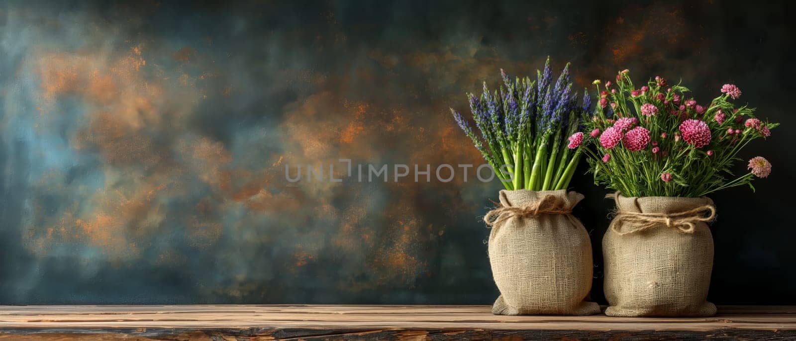 Fresh flowers in burlap on a vintage background. Selective focus.