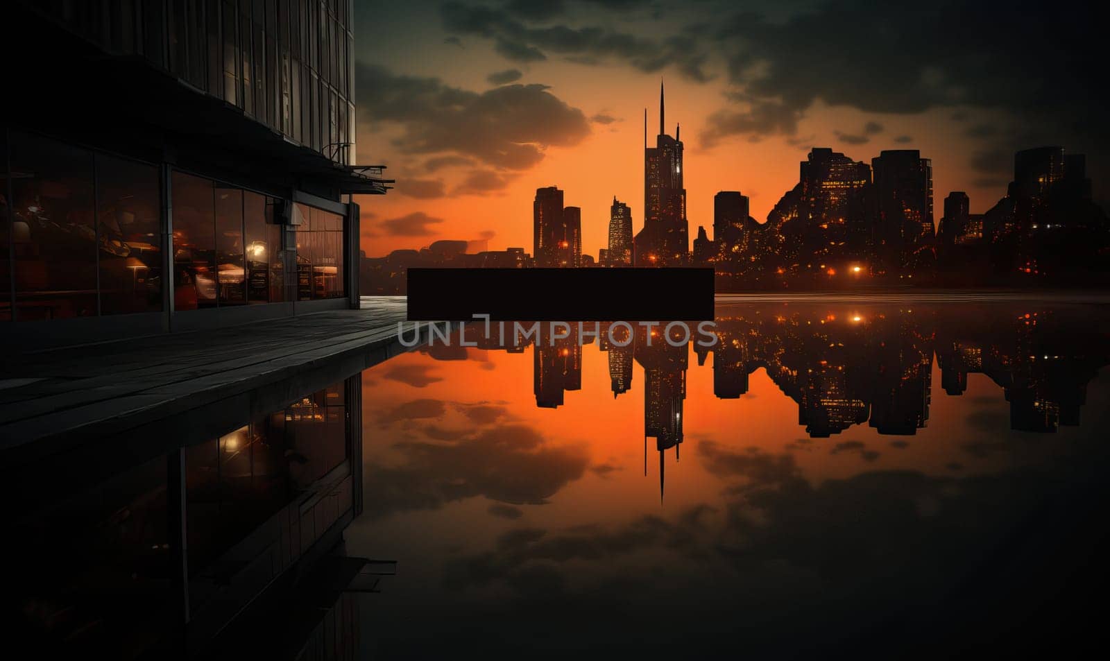 Cityscape reflected in the water, space for text. Selective focus.