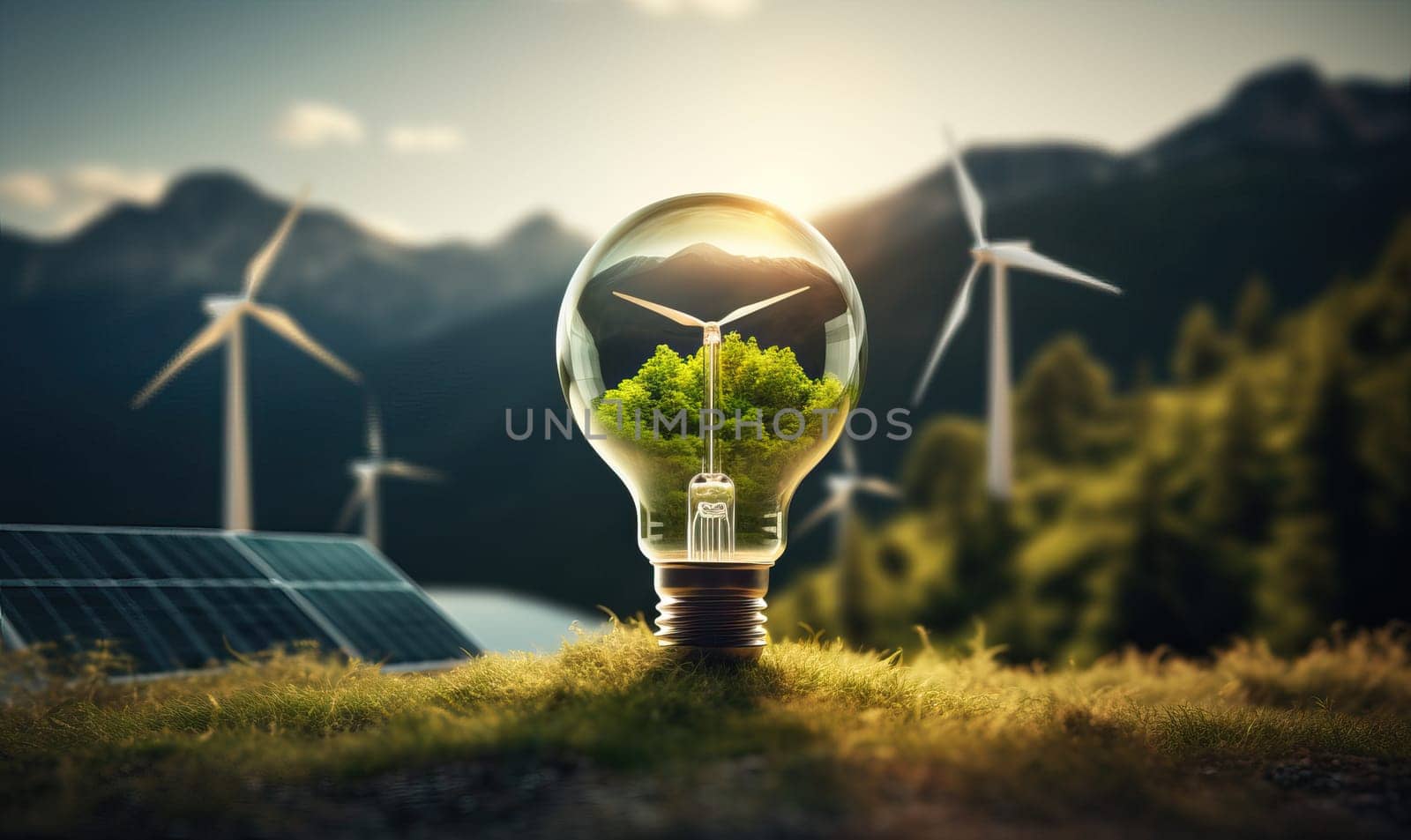 Windmill in a light bulb on a natural background. Selective focus.