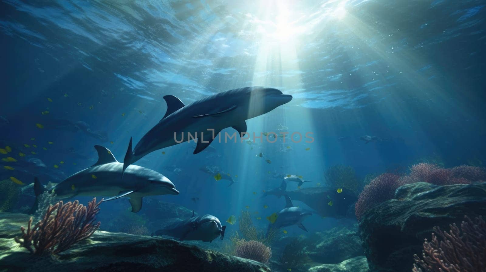 A pod of dolphins swims through a coral reef. AIG51A.
