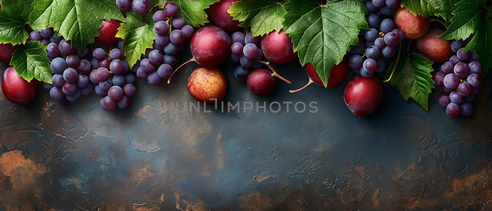 Grapes and leaves on a dark background. by Fischeron