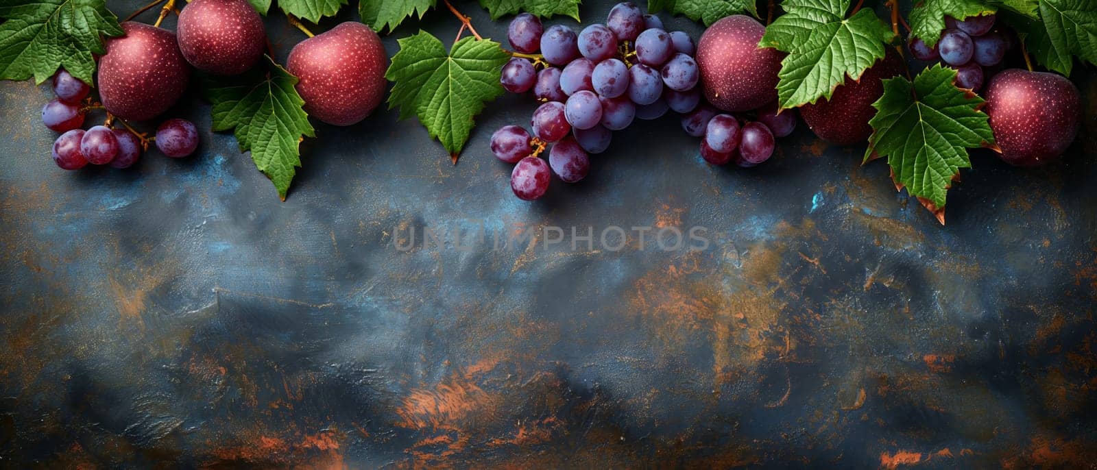 Grapes and leaves on a dark background. by Fischeron