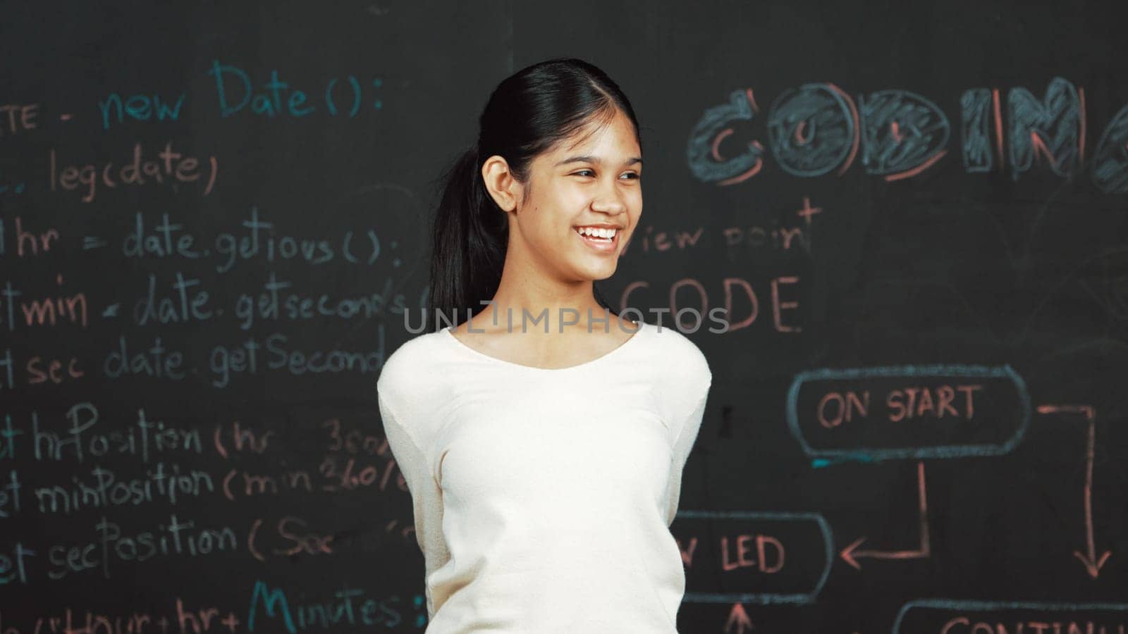 Young student celebrate her successful plan while raise her arm. Happy teenager looking at camera while standing at blackboard with engineering code and prompt written in STEM class. Edification.