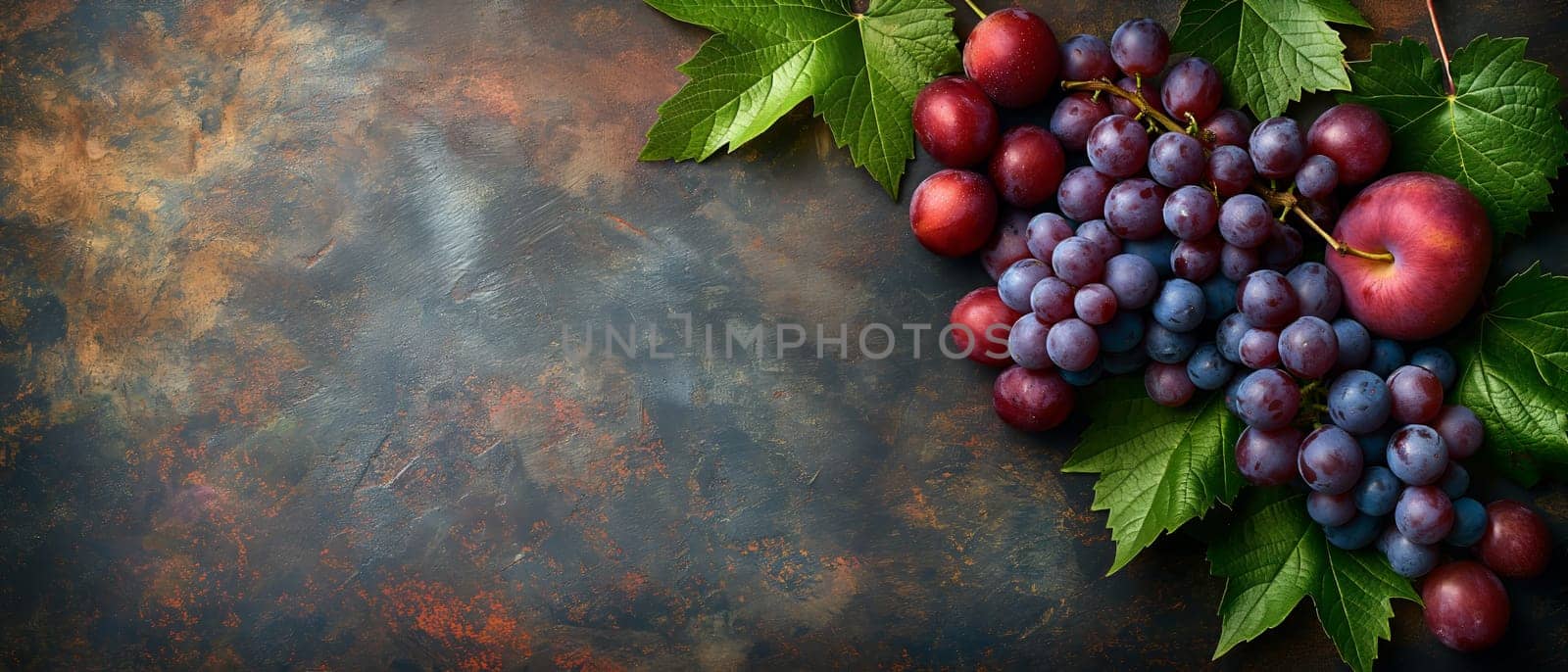 Grapes and leaves on a dark background. by Fischeron