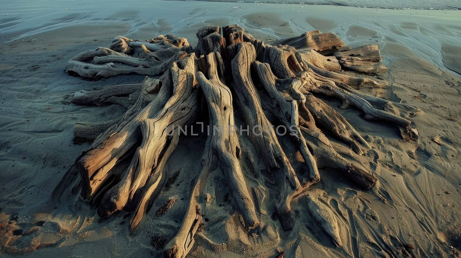 A jumble of driftwood lies scattered on the sandy beach, home to terrestrial animals and wildlife. Its a perfect spot for macro photography and creating art with wood AIG50