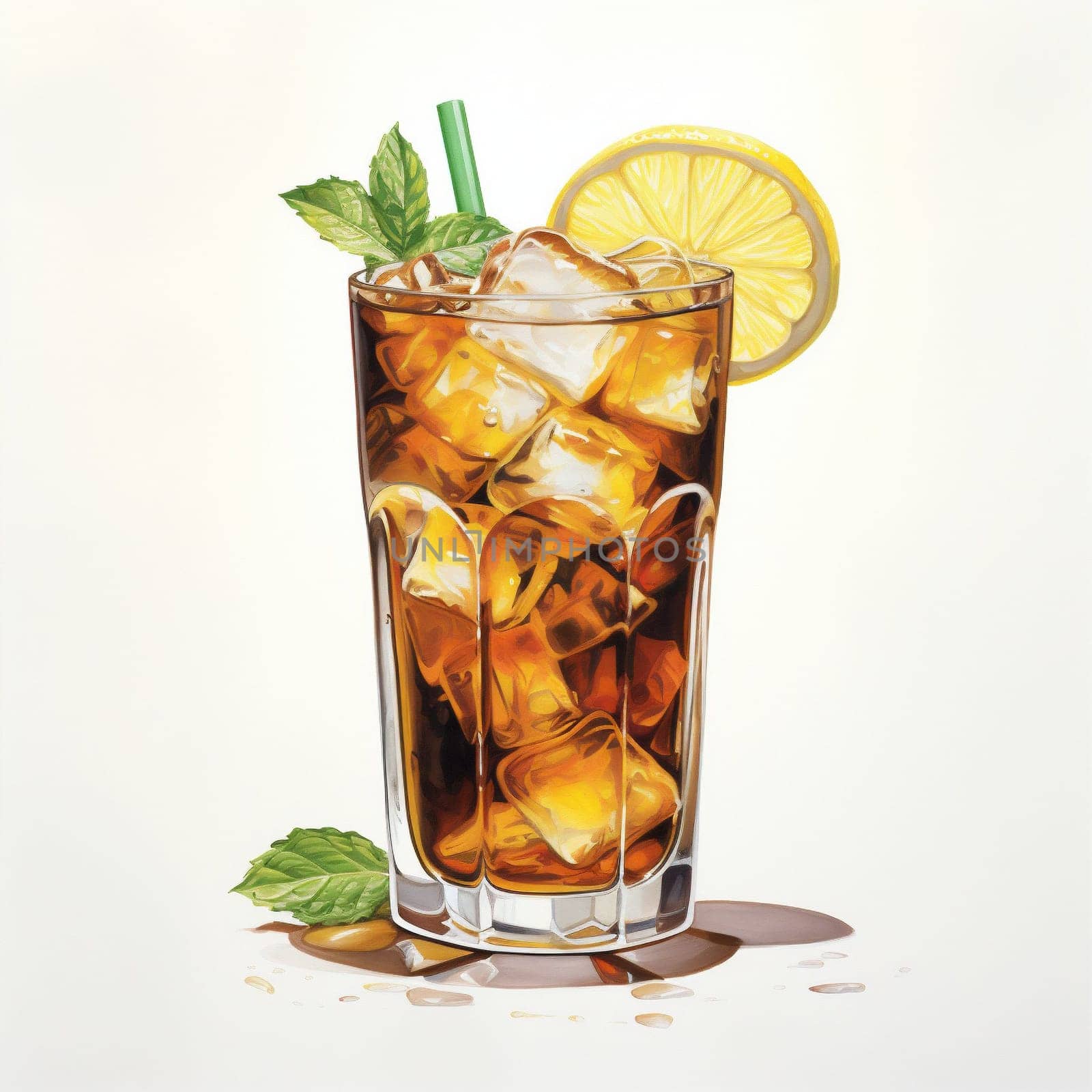 Cocktail Day Lon Island Ice Tea with Cola, Ice and Mint Leaves. by Rina_Dozornaya