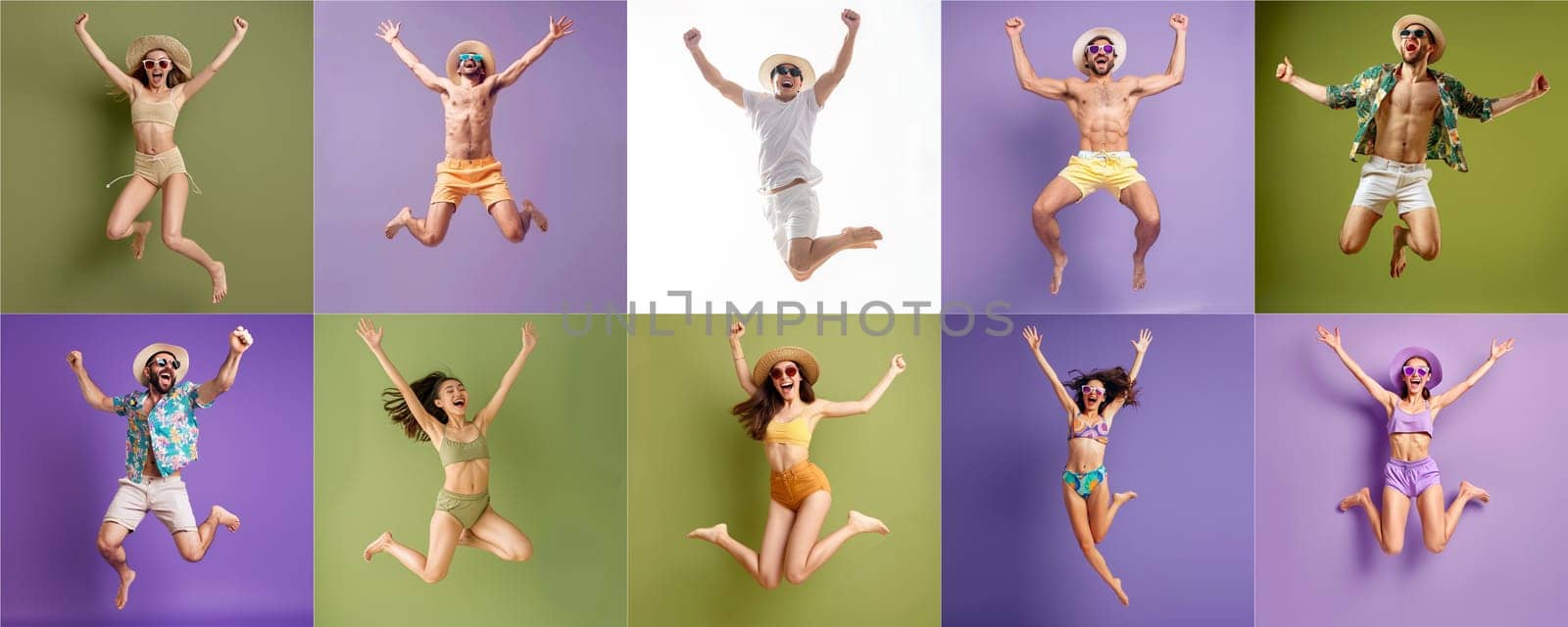 Summer people collection set, diverse people jumping on colorful background, many people funny jump wearing summer outfit fashion ready for swim and summer activity, summertime, beachwear AIG48