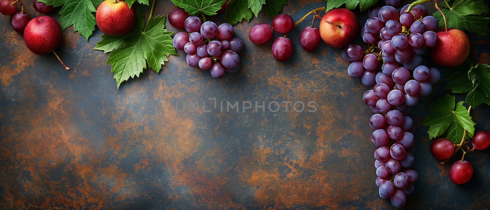 Grapes and leaves on a dark background. by Fischeron