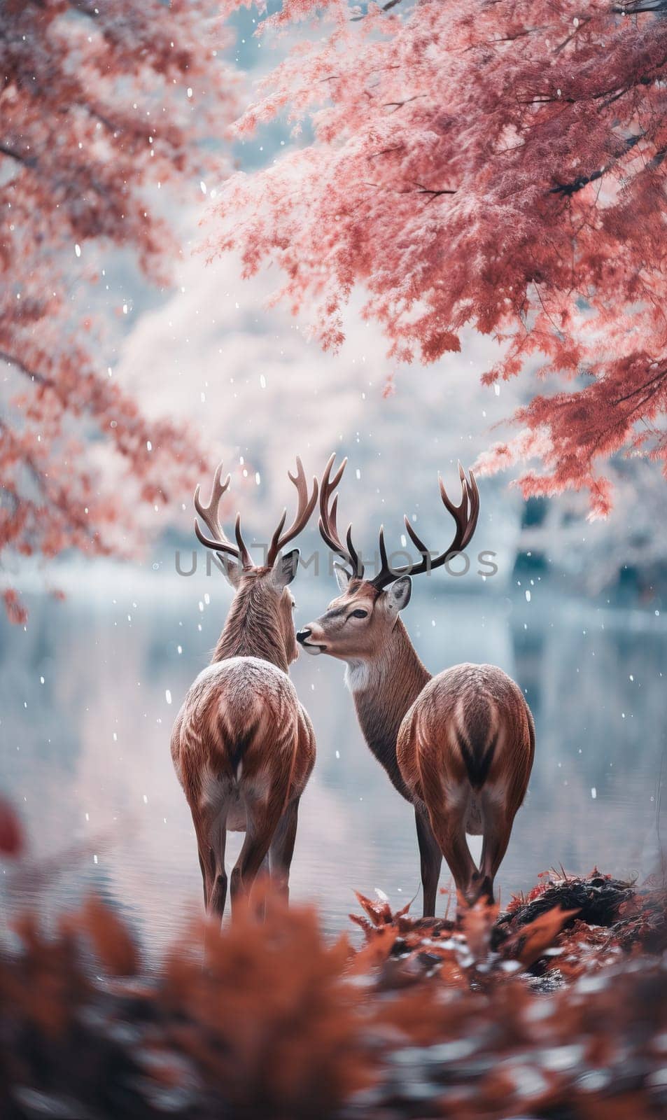 Majestic Deer Duo in Serene Forest. Selective focus.