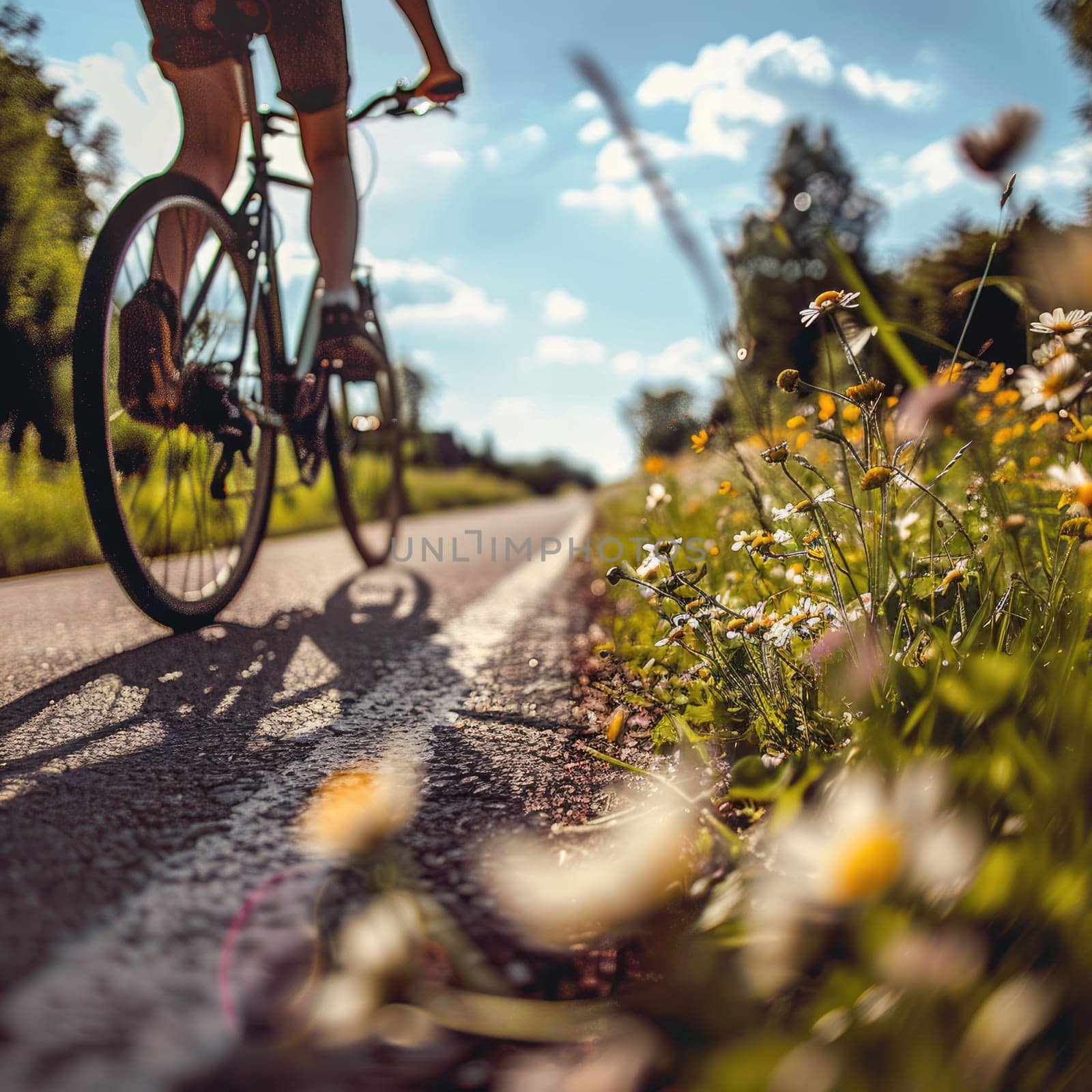 Riding a bicycle through a field of daisies, with the sun shining in the sky and fluffy clouds overhead, feeling the gentle breeze and admiring the beauty of nature AIG50