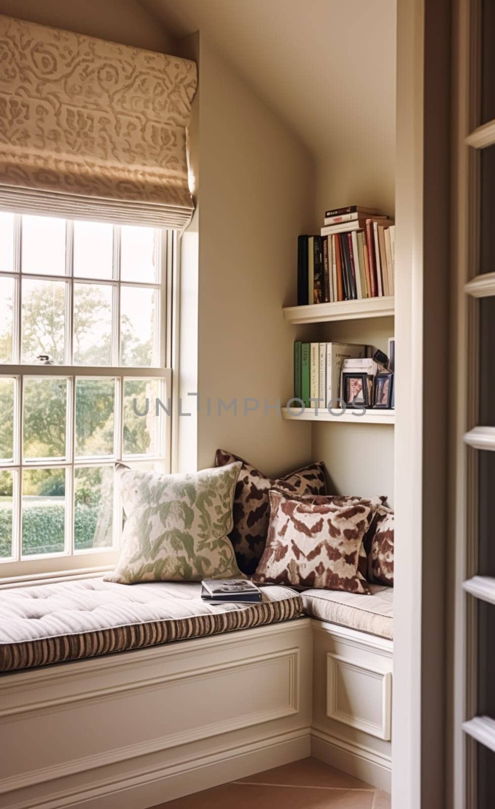 Window seat, interior design and comfort at home, reading nook with bookshelves and cushions, home decor in a country house, English cottage style, post-processed, generative ai