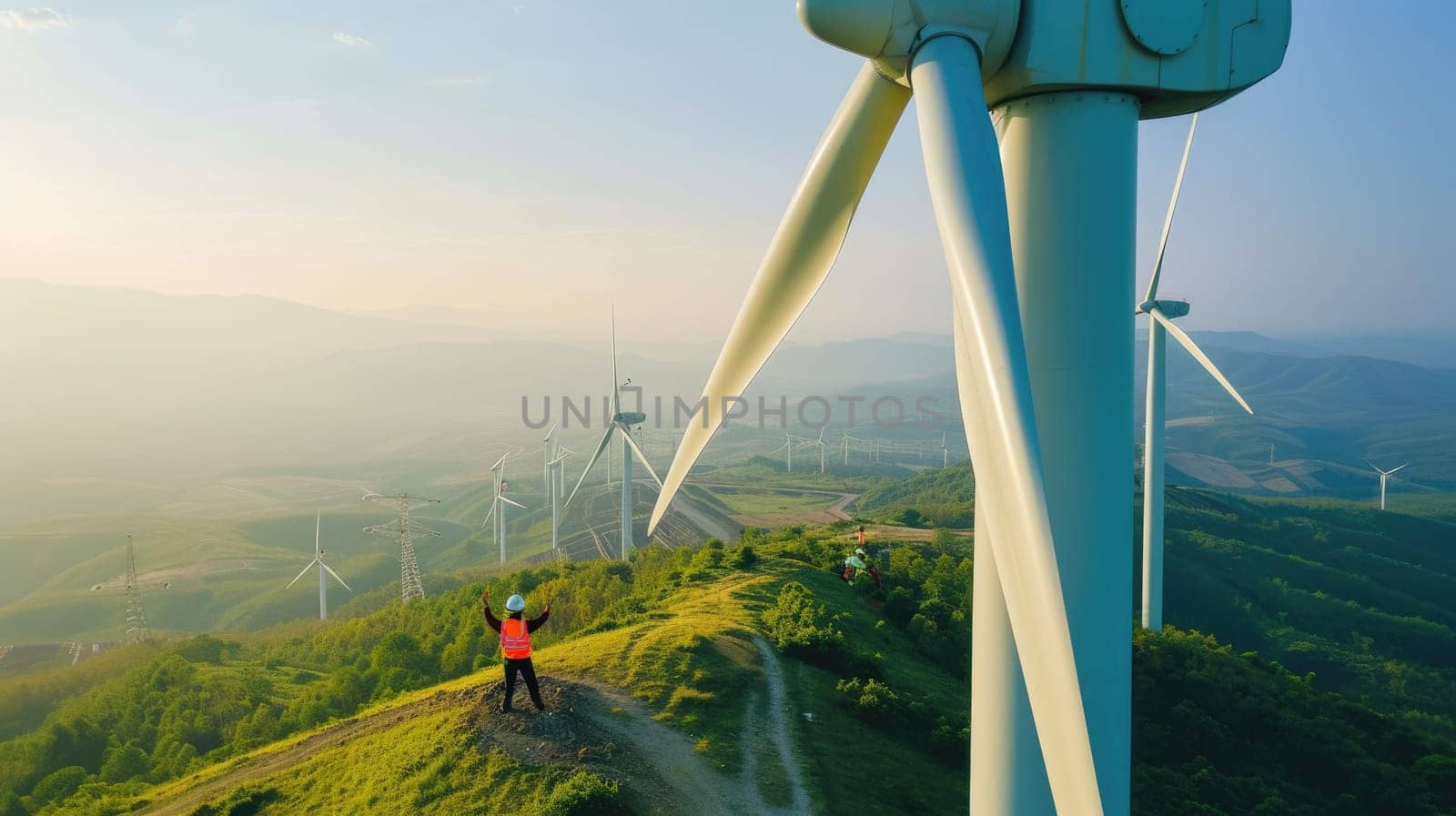 Electrical engineer working and looking at wind mill while wearing safety helmet and inspecting sustainable energy. Electrical technician checking or maintenance eco wind mill with blue sky. AIG42.