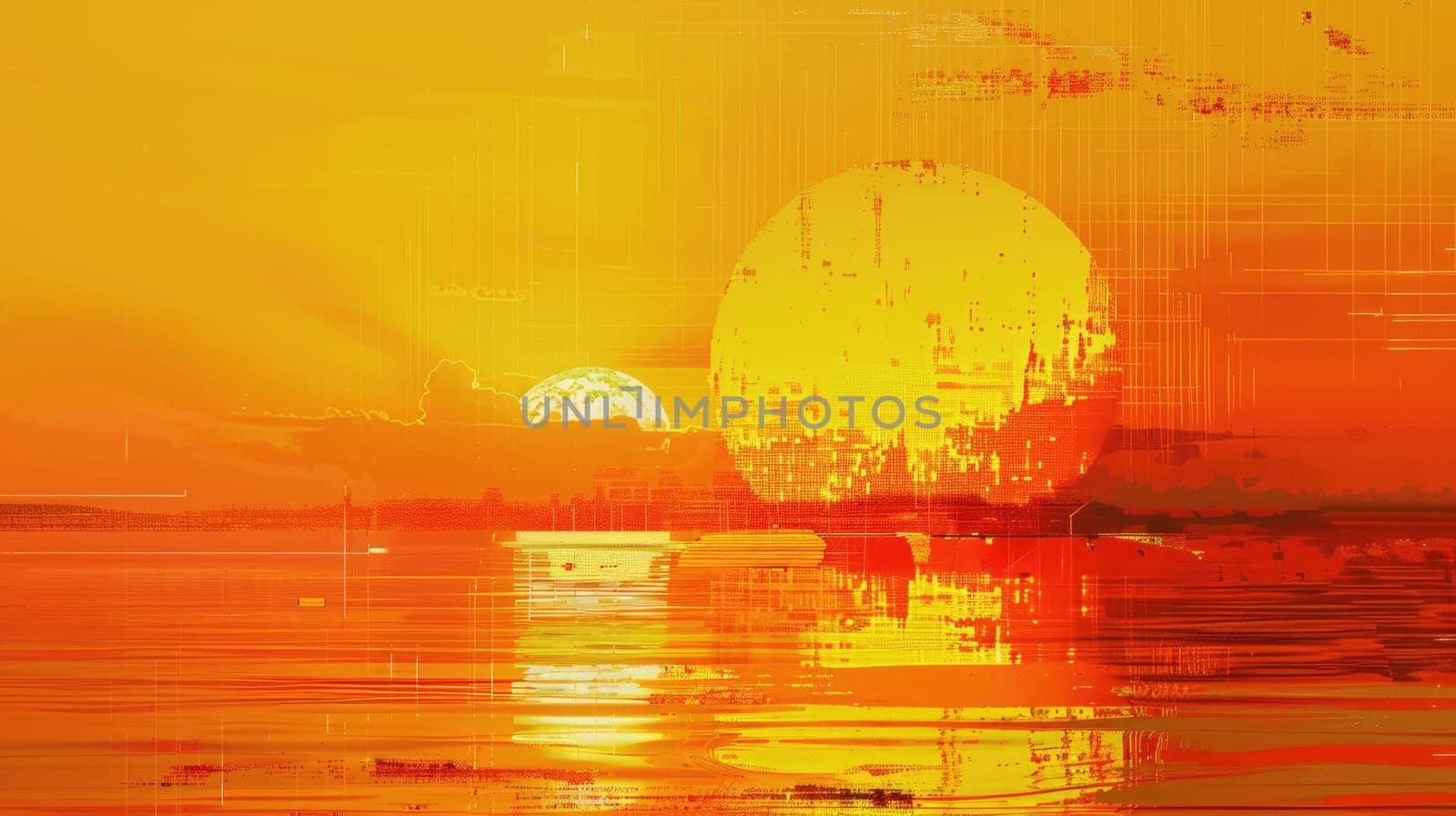 A beautiful painting depicting a peaceful sunset over a tranquil body of water, with vibrant red and orange hues reflecting in the sky and water AIG50