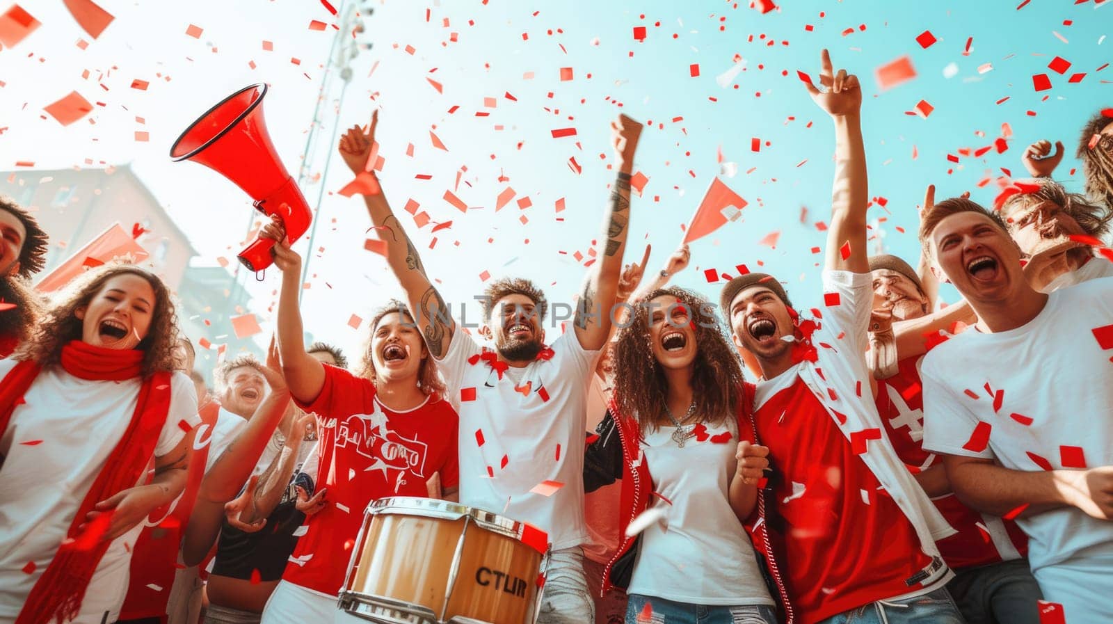 A cheerful group of individuals wearing red shirts are celebrating with confetti and a megaphone, bringing fun and entertainment to the event, while holding a membranophone and smiling in joy. AIG41