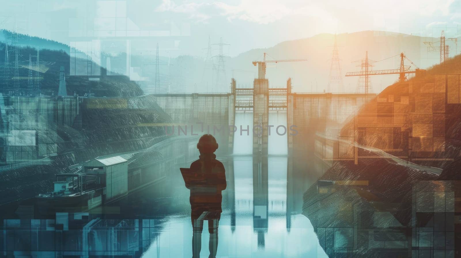 Double exposure with professional smart civil engineer with safety helmet or hard hat holding tablet and planning strategy at construction site. Skilled industrial worker checking at tablet. AIG42.