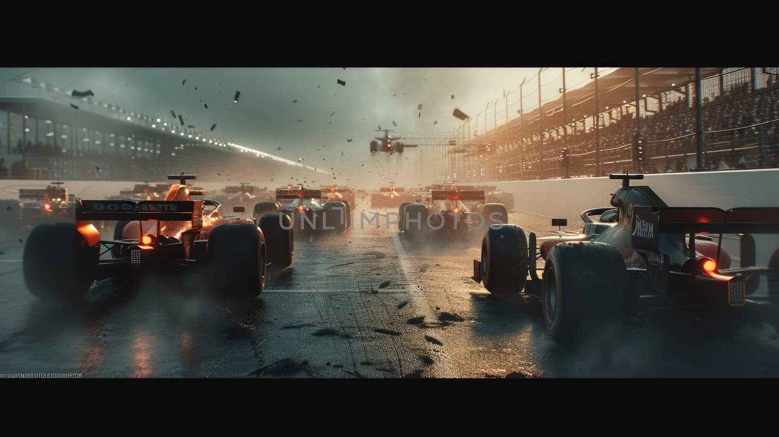 Racing car moving at high speed along racetrack with high speed and smoke. Racing car, propelled by the immense power of engine, hurtles down racetrack with incredible slicing through the air. AIG42.