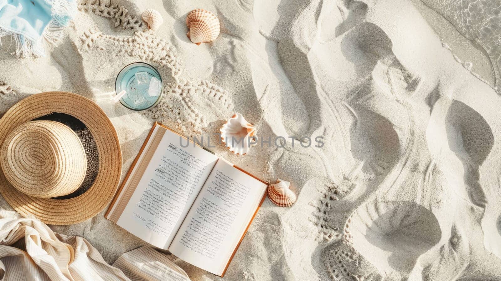 A beautiful beach landscape featuring a book, hat, starfish, seashells, and a refreshing drink by the aqua water. The perfect spot to relax and enjoy the sun AIG50