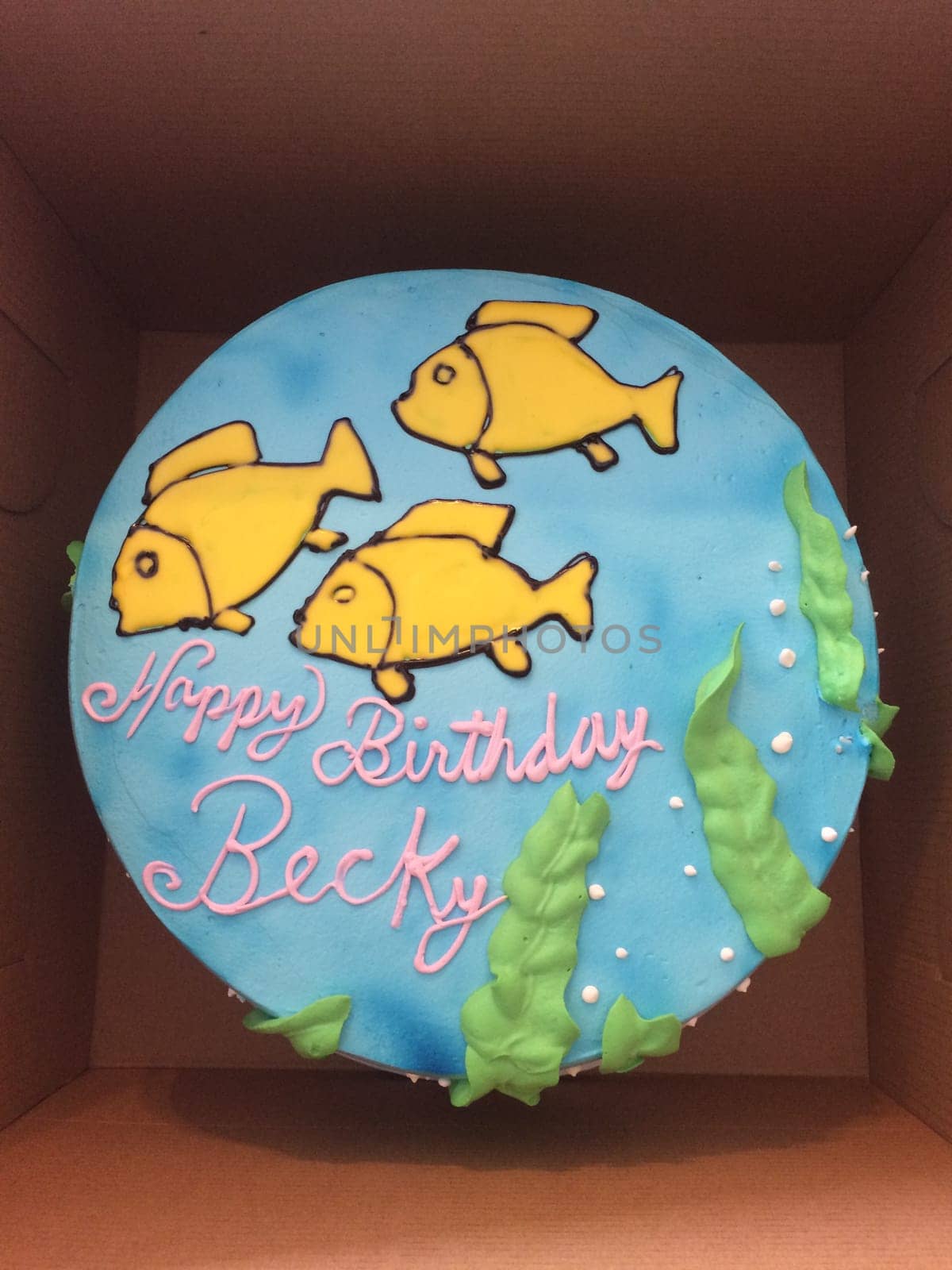 Happy Birthday Becky Cake with Fish Swimming Underwater. High quality photo