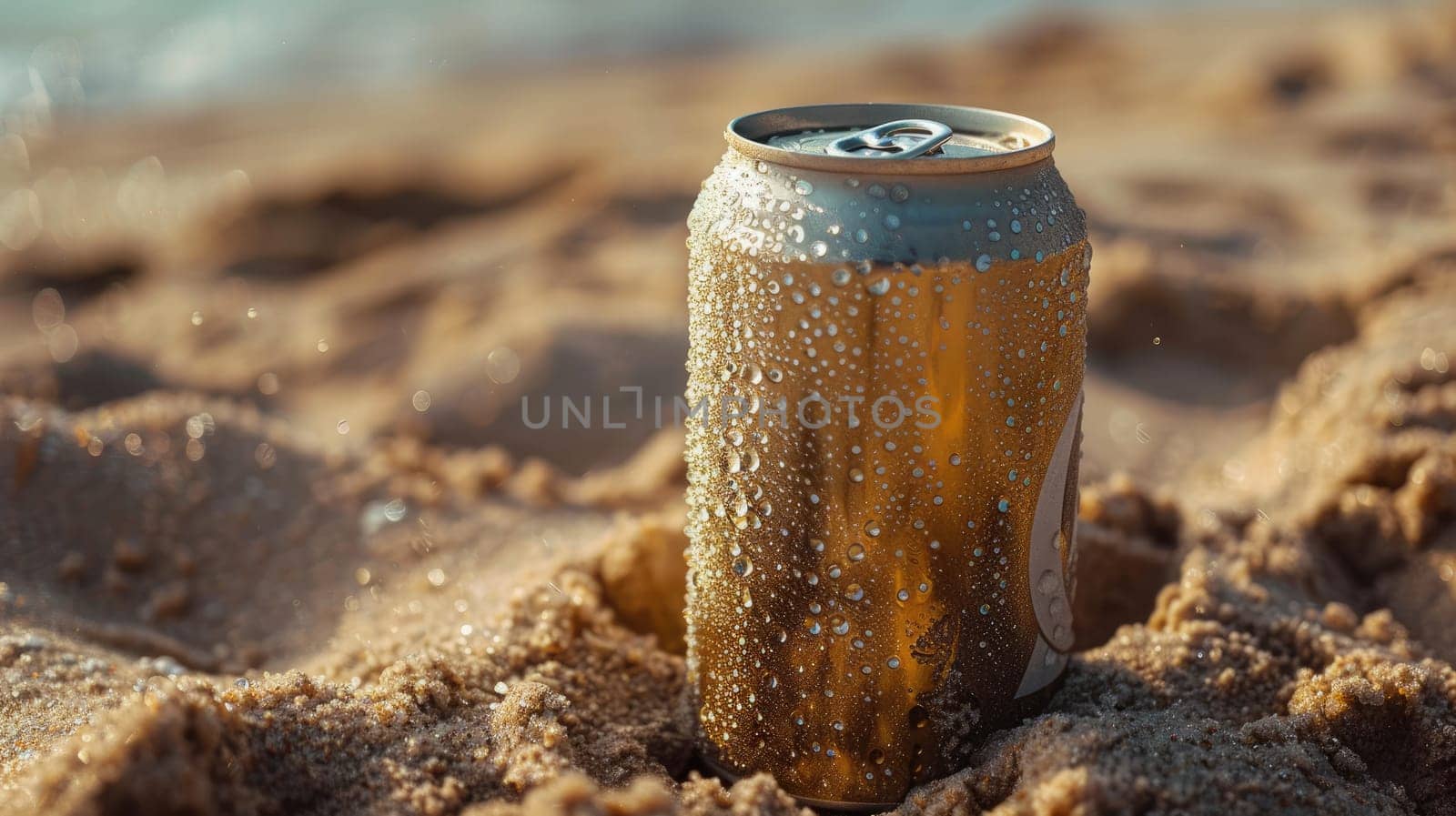 An aluminum can of beer lies in the sandy beach, its contents a refreshing liquid beverage waiting to be enjoyed under the sun AIG50