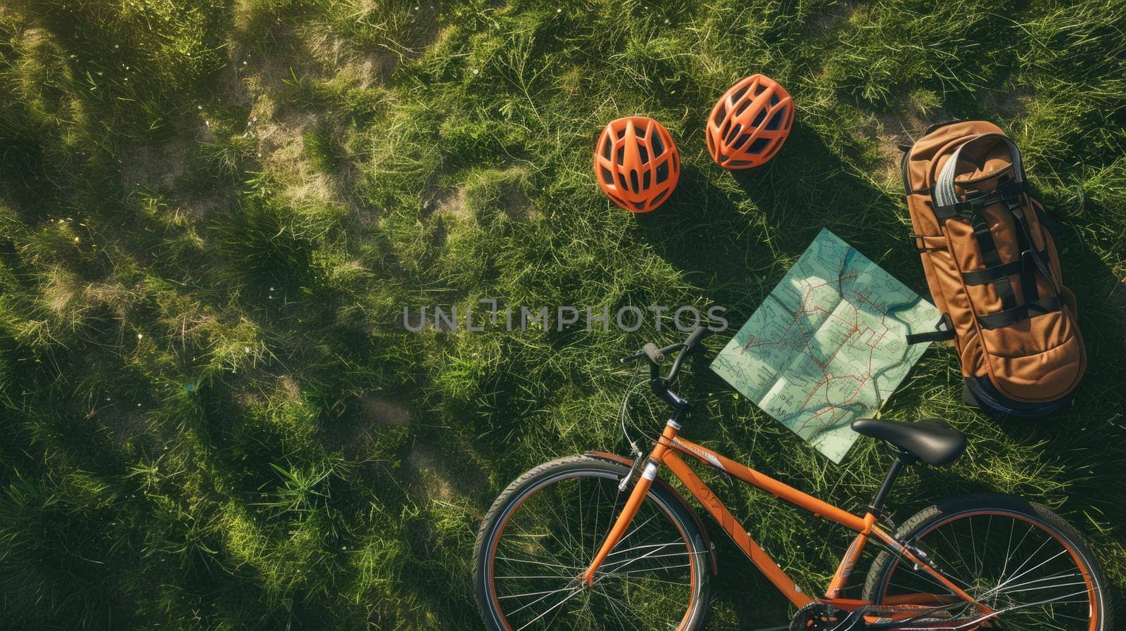 A bicycle, helmet, and map are scattered in the grass, surrounded by the peaceful sounds of nature. A wheel and tire peek out from beneath the foliage AIG50