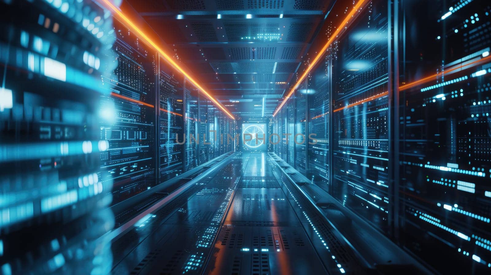Hologram of financial marketing data display at futuristic data center with neon color while using data analysis from connecting with global networking communication. Technology innovation. AIG42.