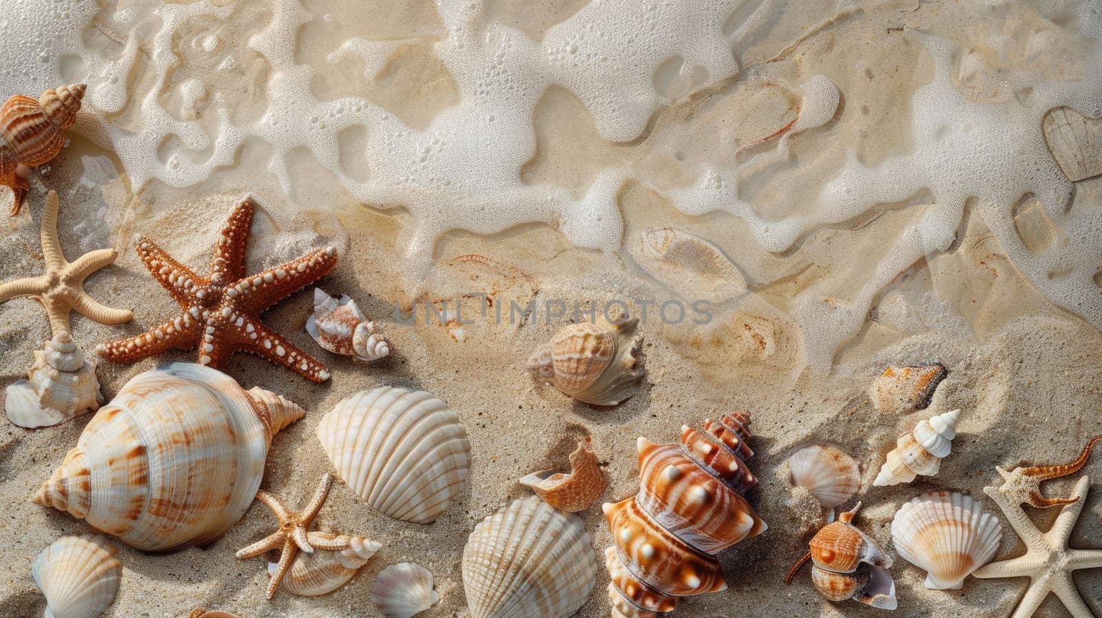 Various mollusc shells are scattered on the sandy beach, creating a beautiful pattern. These natural materials originate from the water and terrestrial animals AIG50