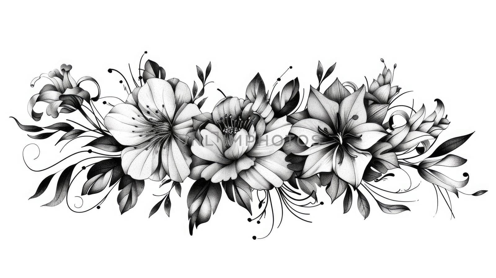 A black and white floral arrangement with lilies, roses, and other flowers. AIG51A.
