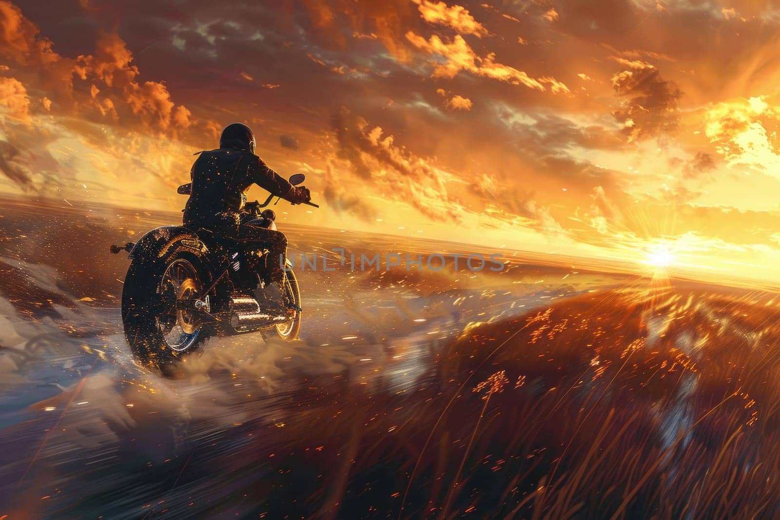 A man riding a motorcycle through a field of wheat at sunset AIG51A.