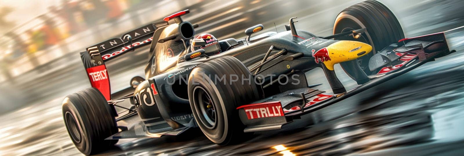 Formula 1 car racing on the circuit track while driving at high speed and accelerating at full power AIG44