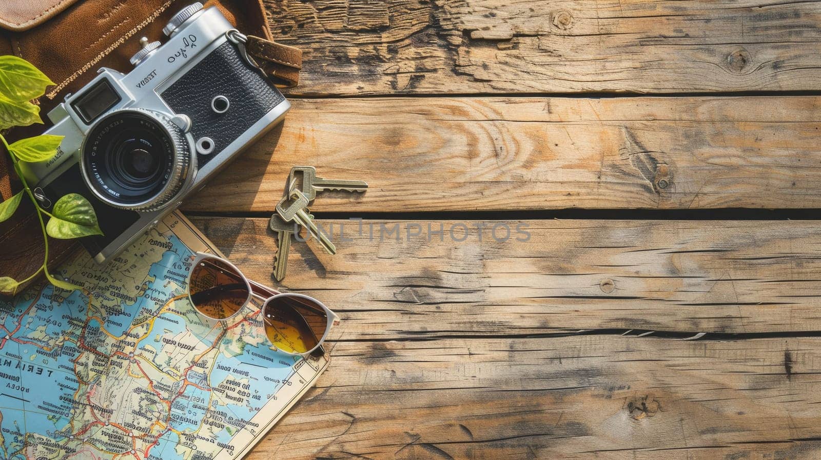 A camera, sunglasses, keys, and a map lay on a hardwood table, showcasing a beautiful wood grain pattern. The rectangle table is made of sturdy planks with a rich wooden font AIG50