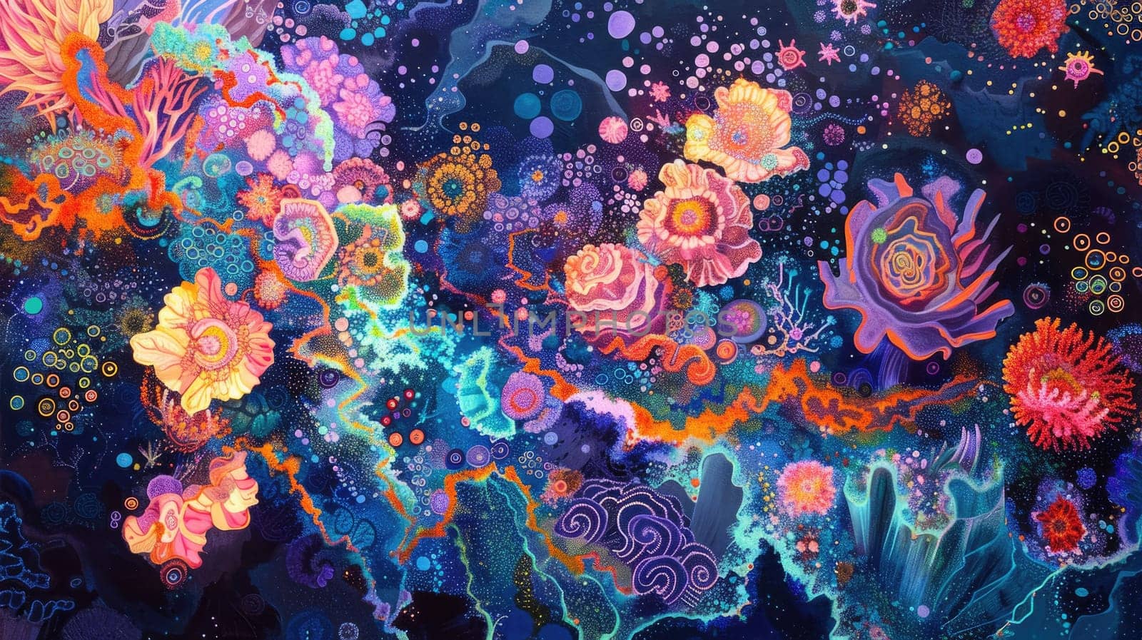 An electric blue painting of a coral reef with vibrant sponges and corals, showcasing the beauty of marine organisms through art and entertainment AIG50