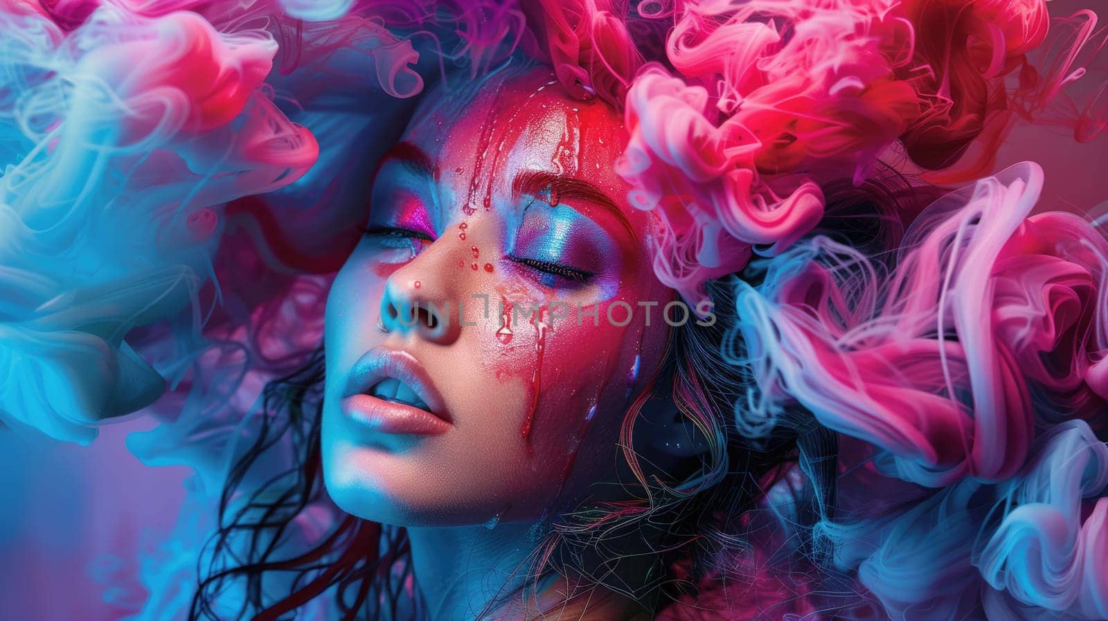 A woman's face is surrounded by colorful smoke. AIG51A.