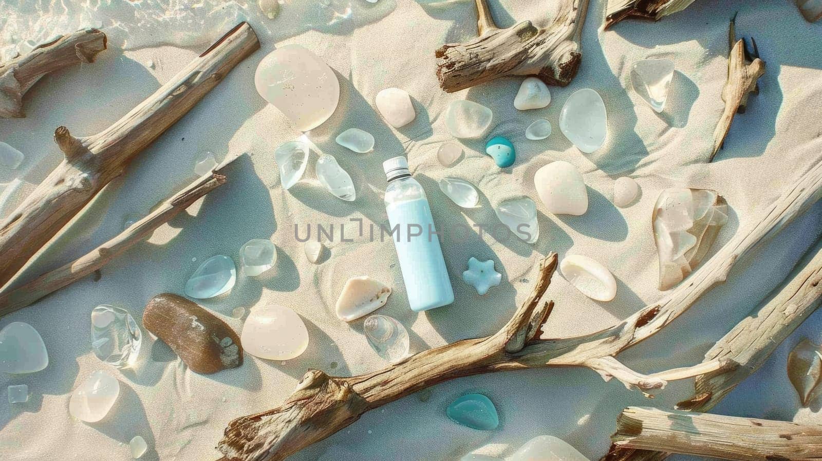 A bottle of paint sits amongst sea glass and driftwood, creating a unique art sculpture combining wood, glass, and water elements AIG50