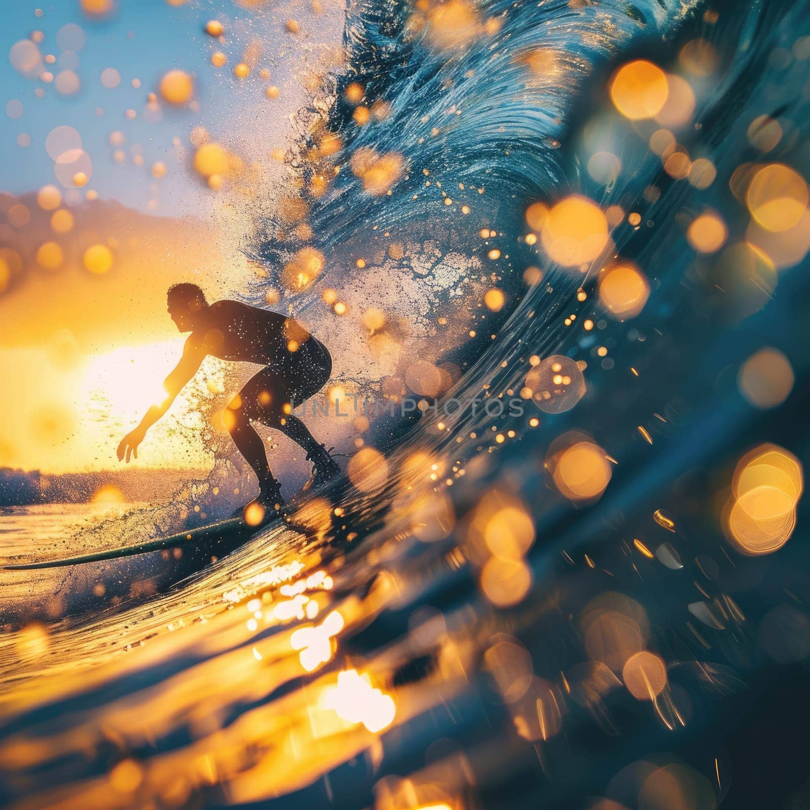 A person is happily riding a wave on a surfboard in the liquid world of the ocean, surrounded by the vast sky and majestic astronomical objects AIG50